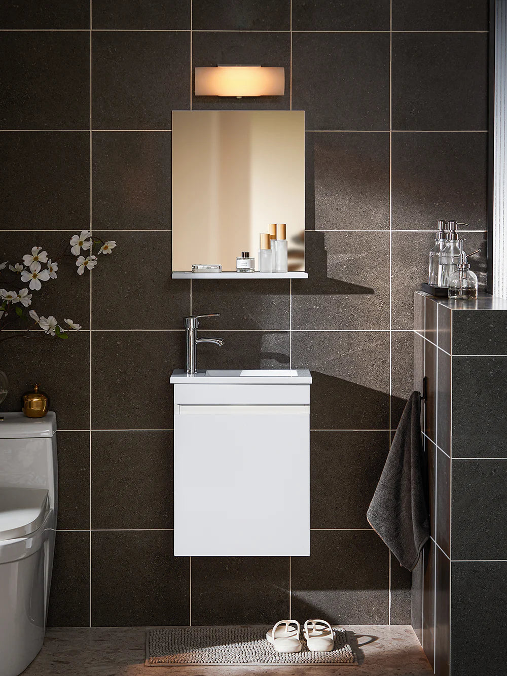 Badeværelsessæt Med Integreret Vask   Underskab Og Vægspejl Med Hylde  Hvid