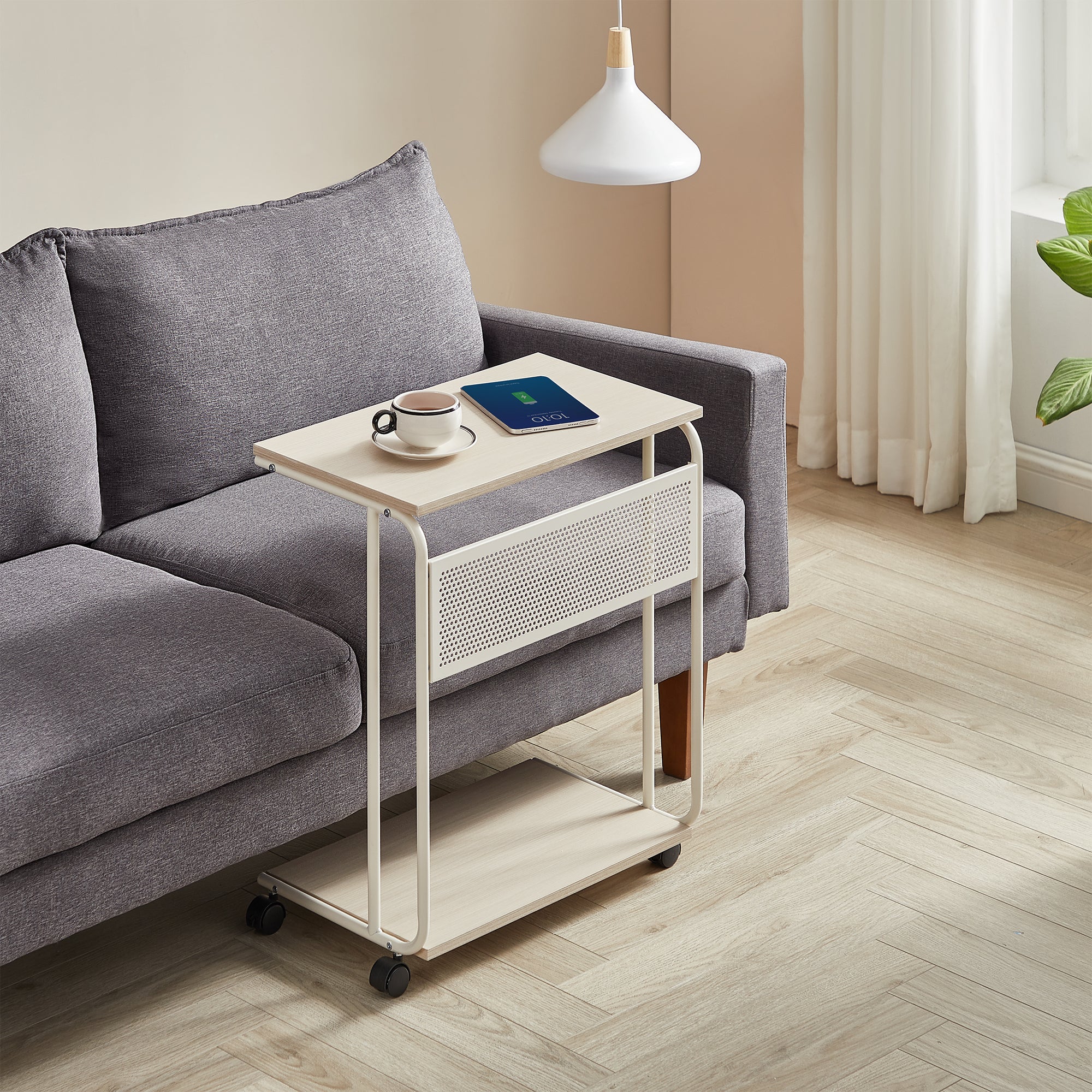 -formet Sidebord Med Hjul  55x34x66 Cm  Beige