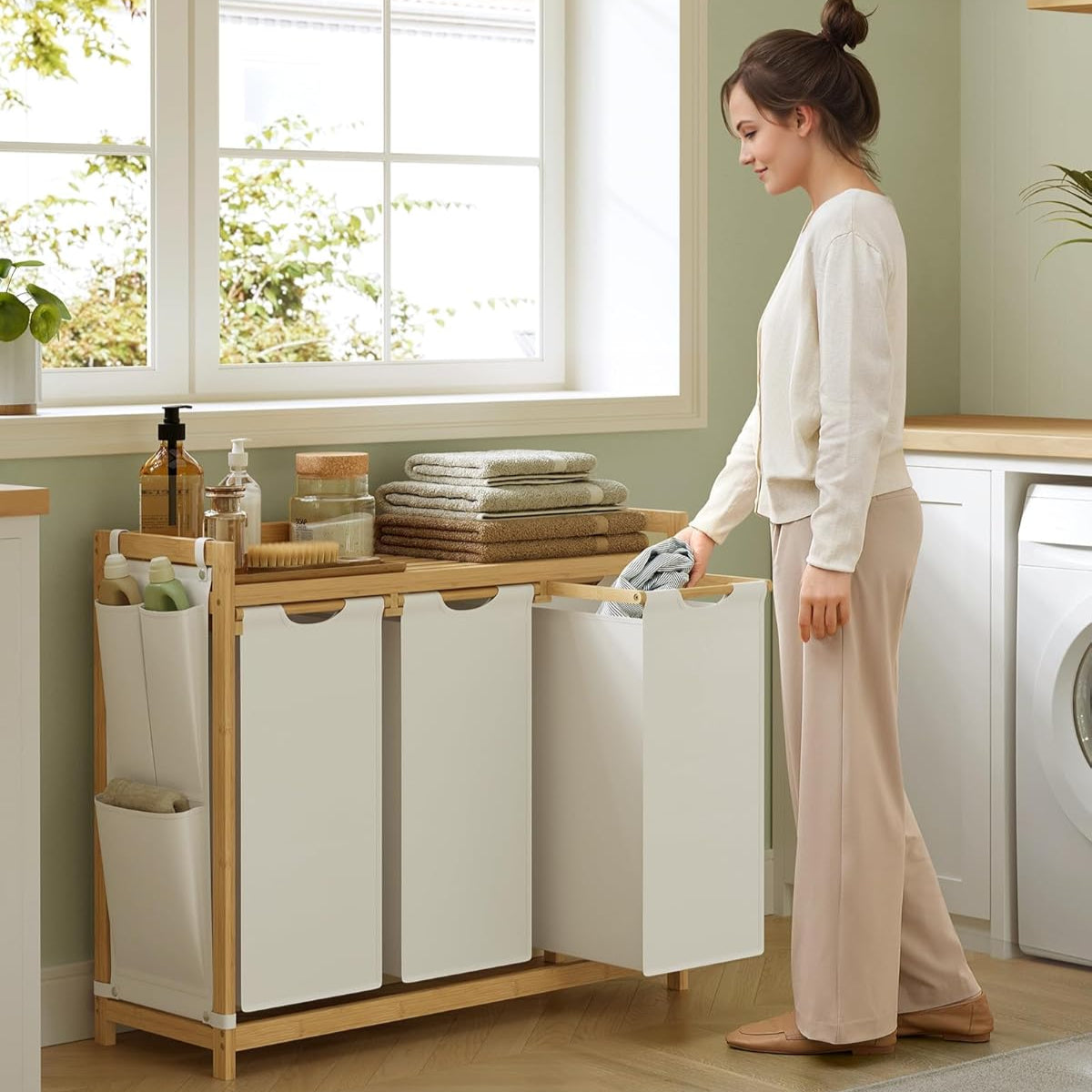 150l Vasketøjskurv   Creme-hvid Bambus Med Hylde  94   33   78 Cm