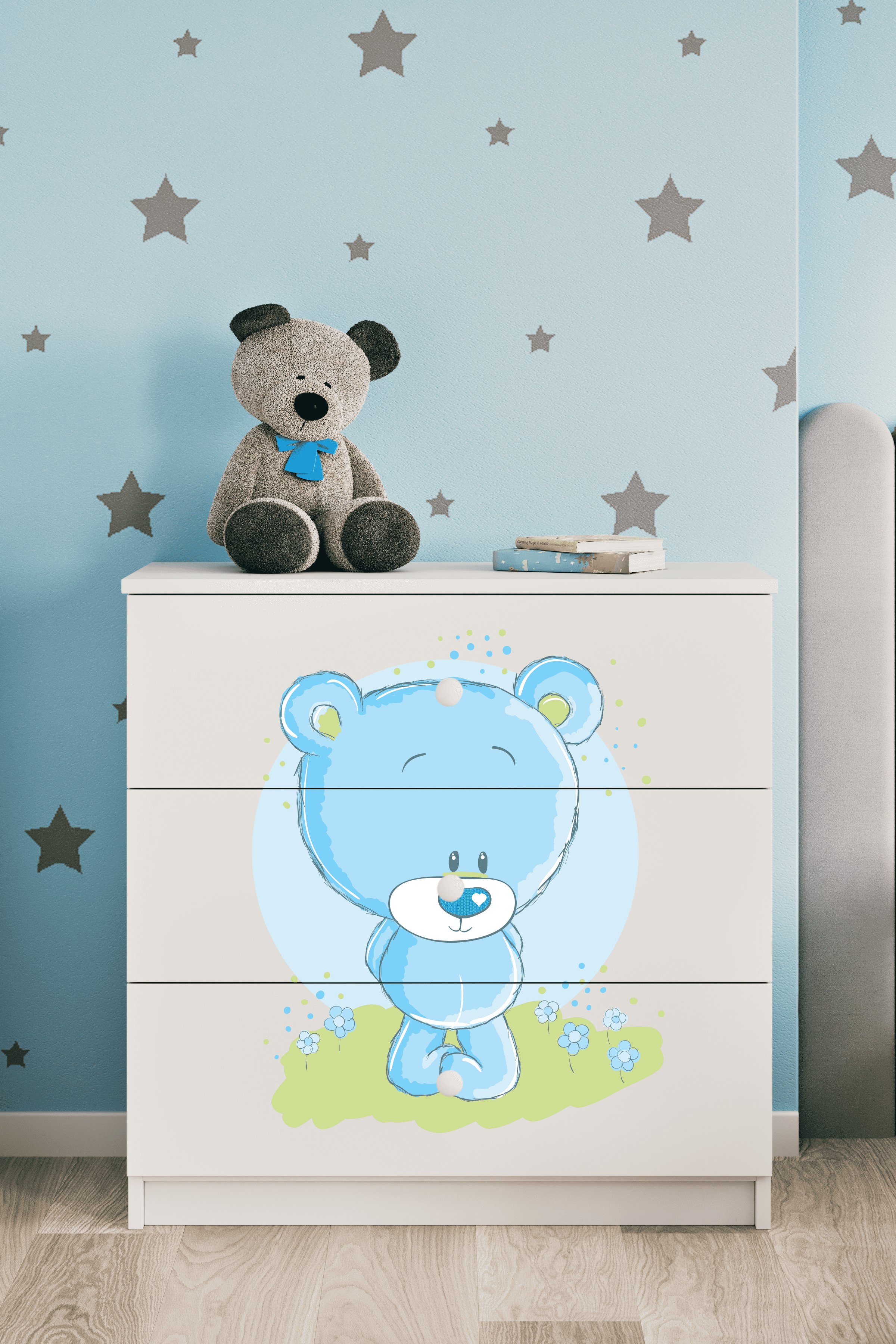 Babydreams Børnekommode Med Blå Bamse       Skuffer Hvid Laminat
