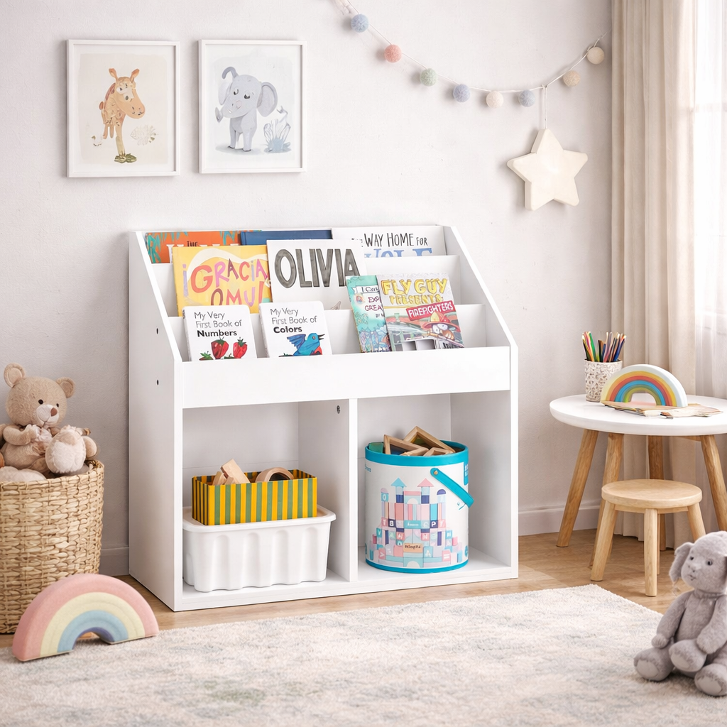 Bogreol Montessori Til Børn    Opbevaringsrum Og   åbne Rum Til Opbevaring Af Legetøj  68   68   30 Cm  Hvid