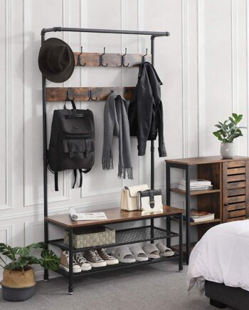 Garderobestativ Med Skohylder  Knager Og Bænk  100   42   182 Cm