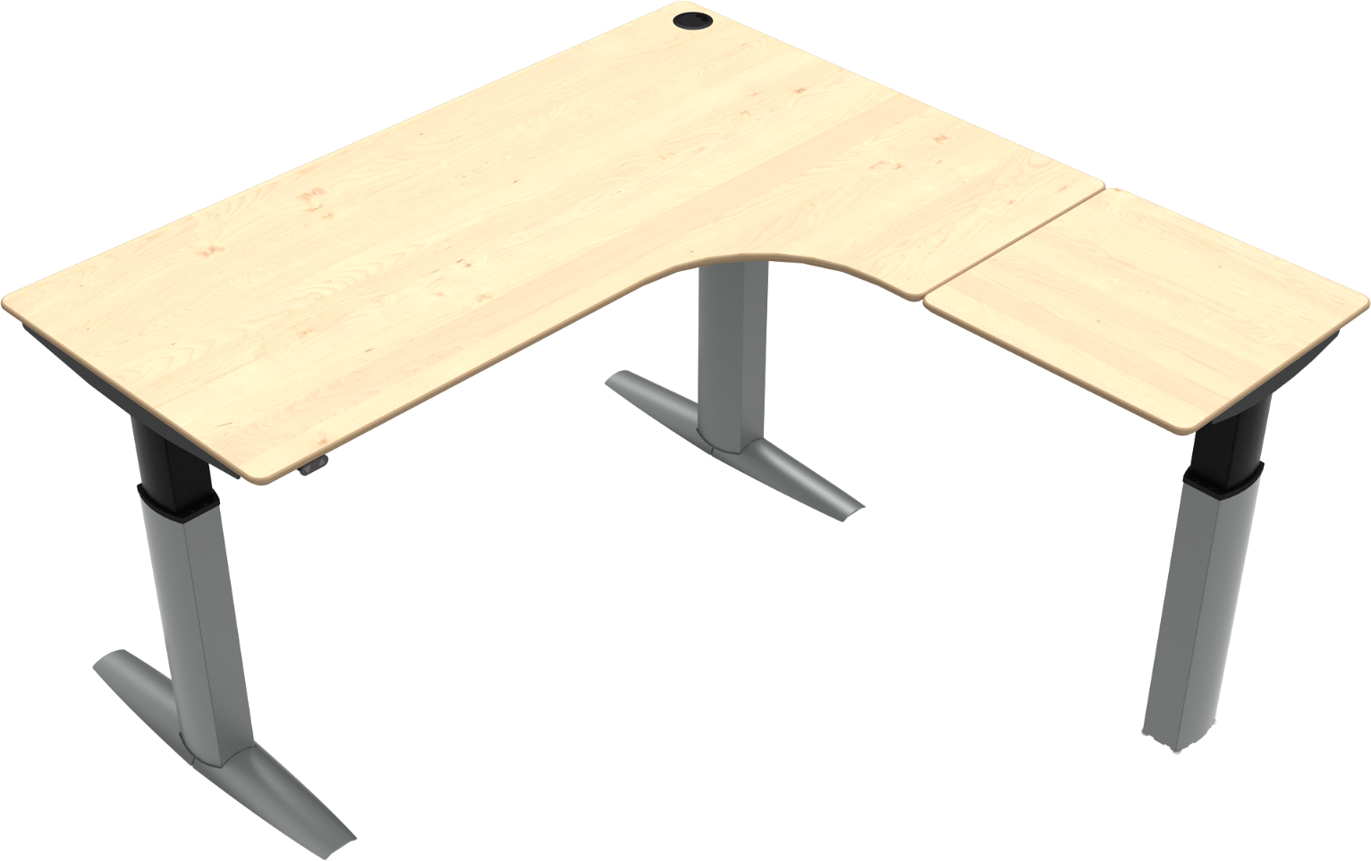 Tre-bens Hæve- Sænkebord Zennord Elevateline -form Højrevendt Ahorn Natur Sølv H68-120 Cm B180xl180 Cm