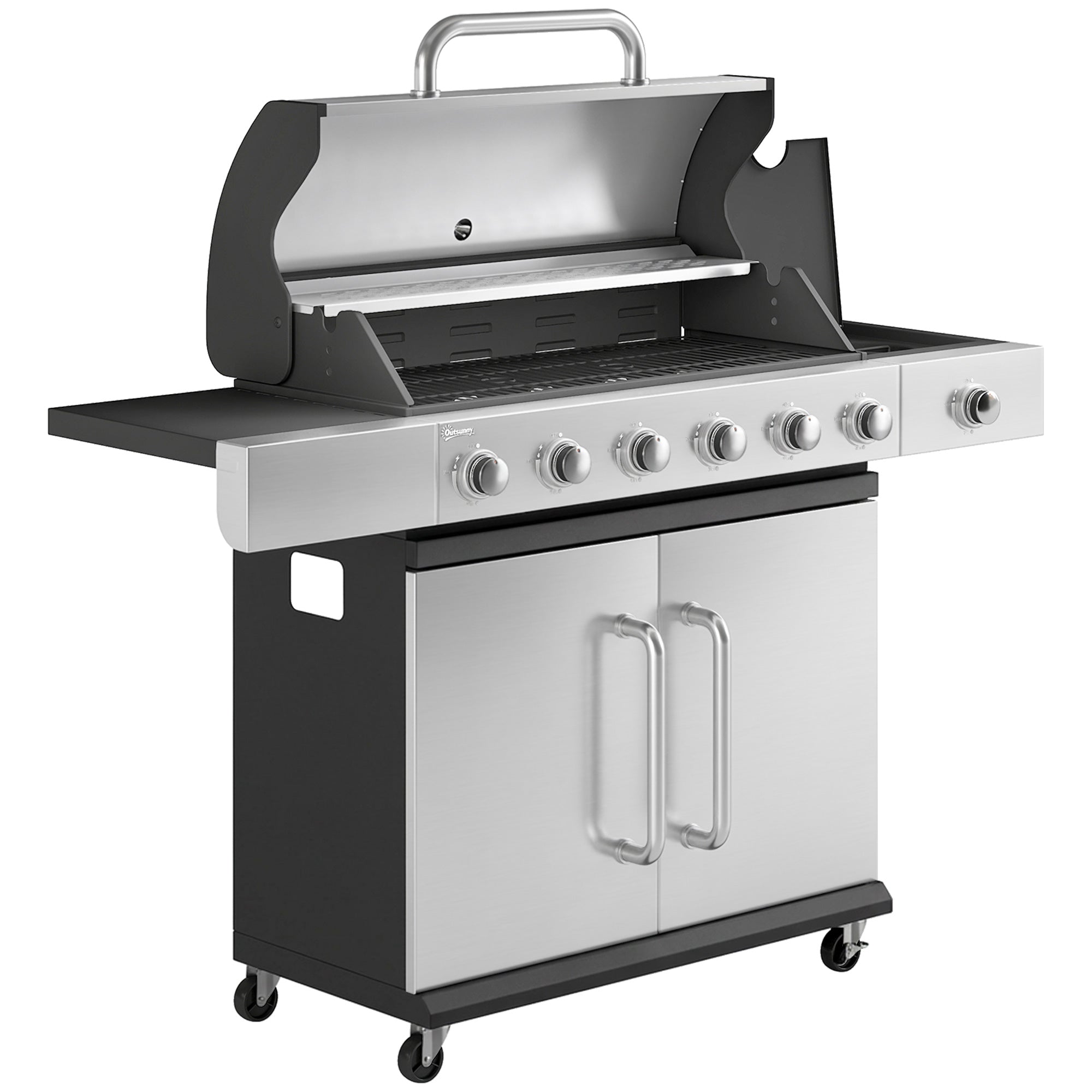 Gasgrill 18 Kw Brænder Bbq Grillvogn Lavet Af Rustfrit Stål Inkl Hjul Termometer Varmerist Sidebord Underskab