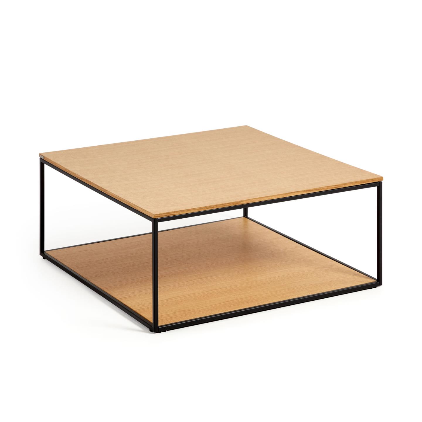 Kave Home Yoana Sofabord Bund Hylde Natur Egetræsfinér Og Sort Jern 80x80
