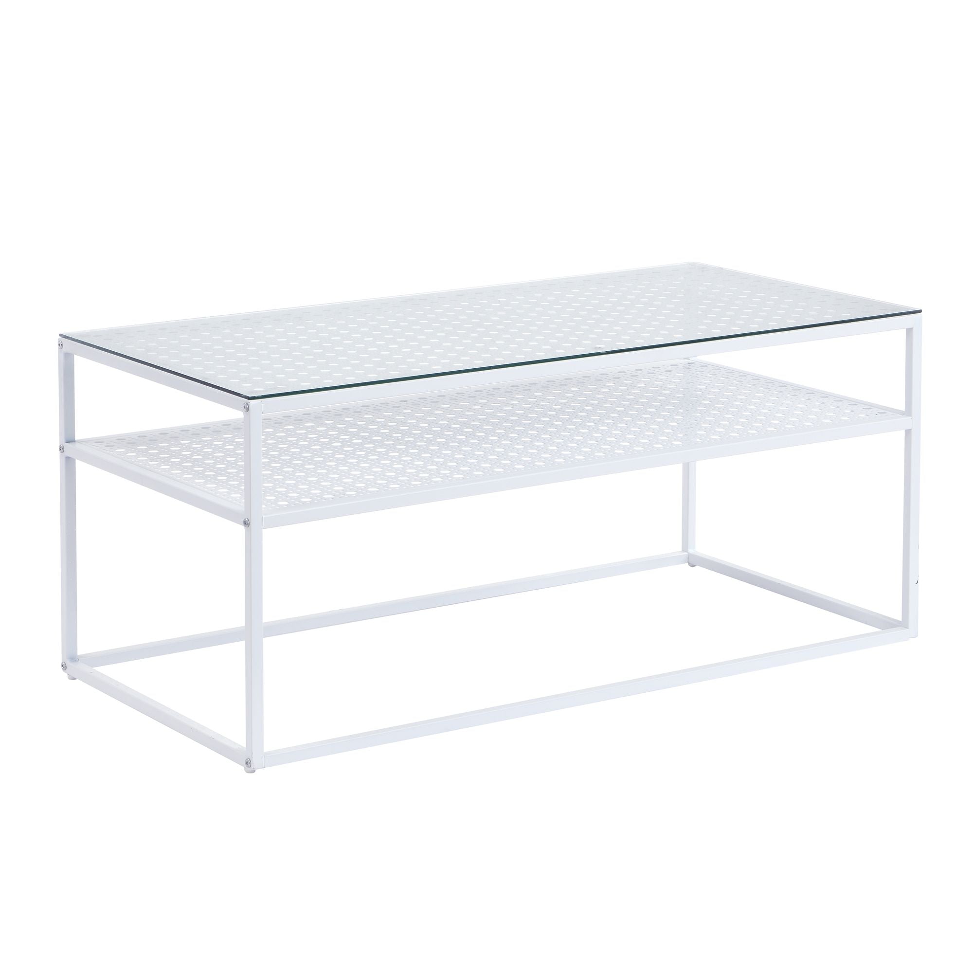 Rektangulært Sofabord   Glas  100 Cm  Hvidt  Moderne Stuebord Med Metalstel Og Hylde   Industrielt Design  Sofabord Med Glasplade