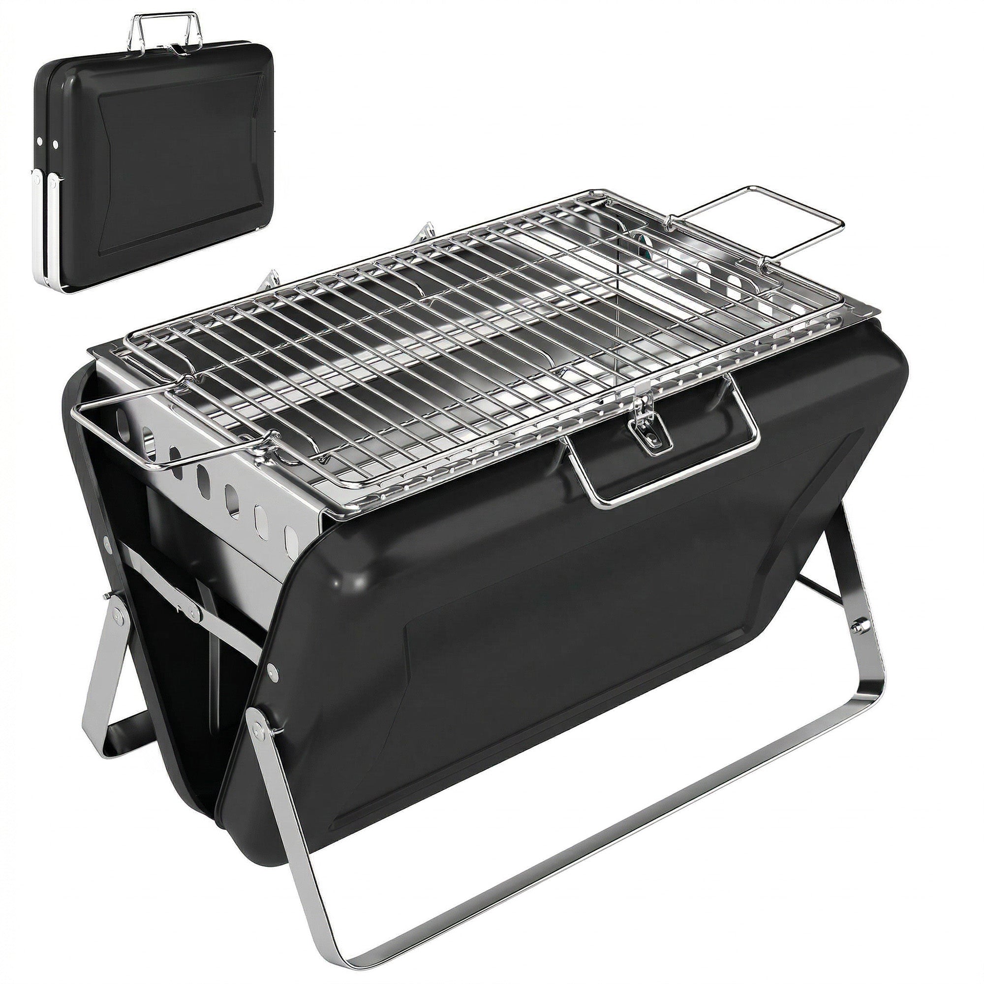 Rustfrit Stål Kulgrill Bbq-ryger Med Grillrist Håndtag Og Sammenklappelige Ben Til Grill Og Camping 40x28x25 Cm Sort