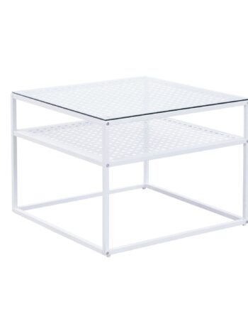Sofabord   Glas Og Metal  Hvidt  60x60x45 Cm  Moderne Firkantet Stuebord Med Hylde  Lille Sidebord Sofabord   Glas