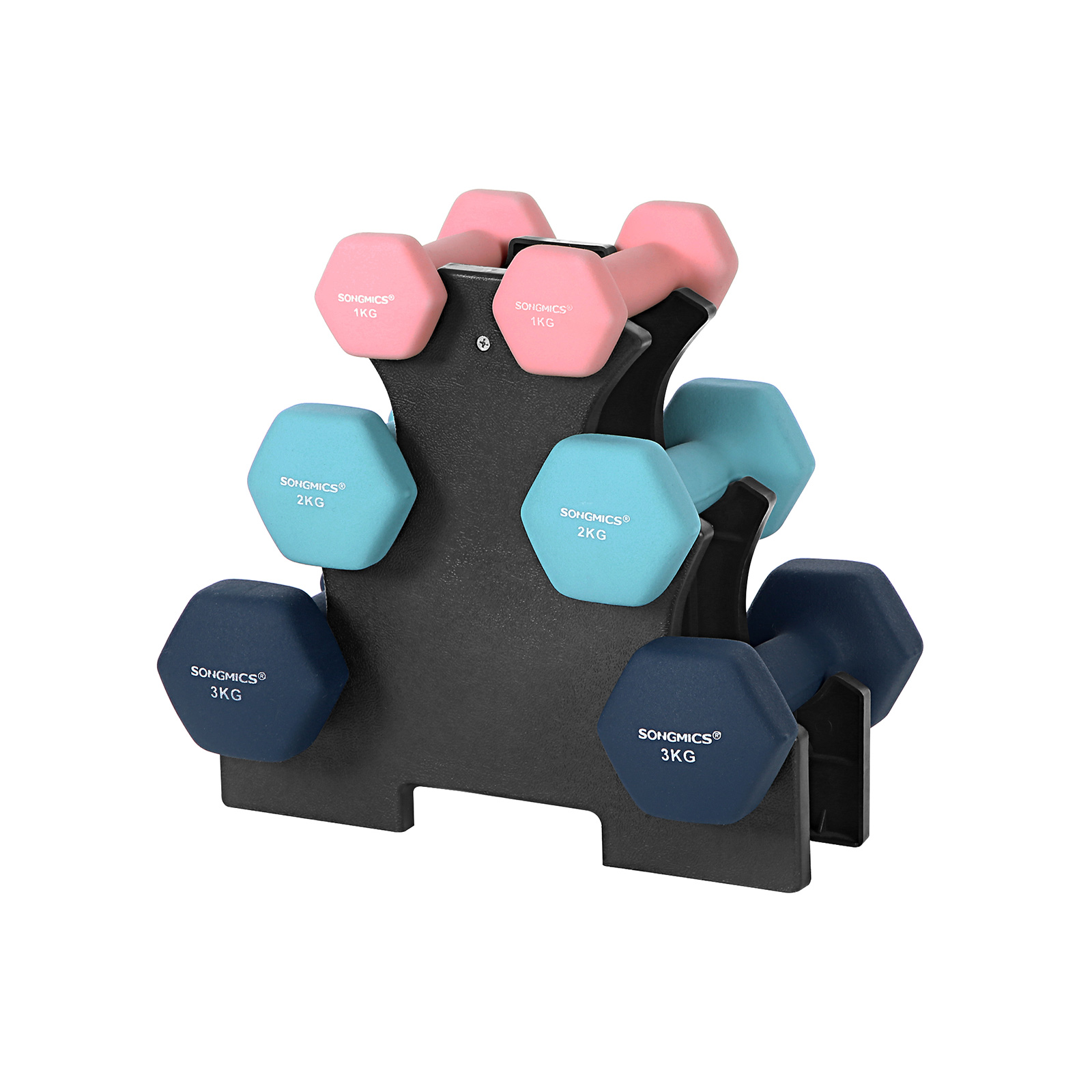 Songmics Syl612mk Håndvægt Stativ Sekskantet Mat Pink Aqua Og Blå Neopren 2x1kg 2x2kg 2x3kg Sæt Med