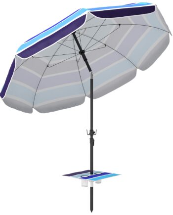 Strandparasol ø198 Cm Uv30  Strandparasol Med Foldbart Bord  Kopholder  Justerbar Hældning  Flerfarvet