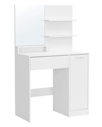 Vasagle Makeup Bord     Spejl    Skuffe    Hylder    Skab- Spejlglas Og Hvid Spånplade  80x40