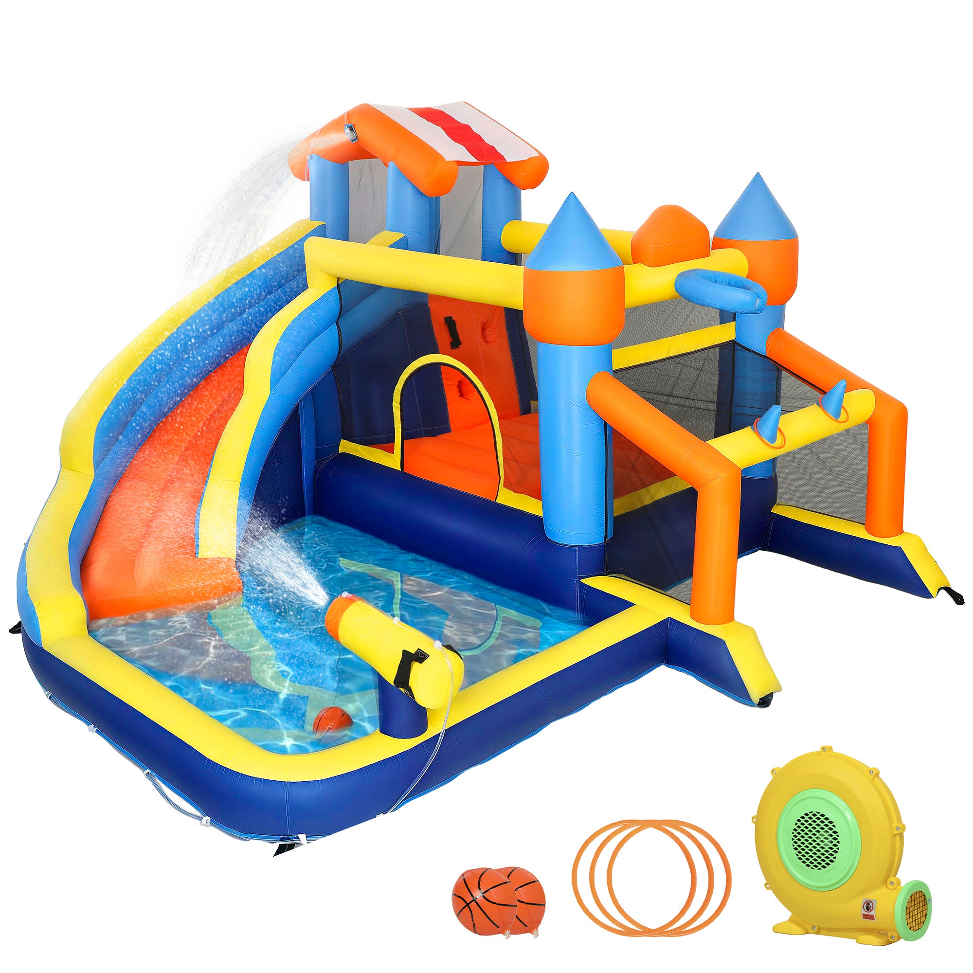 - - Oppusteligt Slot Med Blæser Rutsjebane Børnebassin Trampolin Og Klatrevæg Til Indendørs Og Udendørs Brug 350x325x210cm Flerfarvet