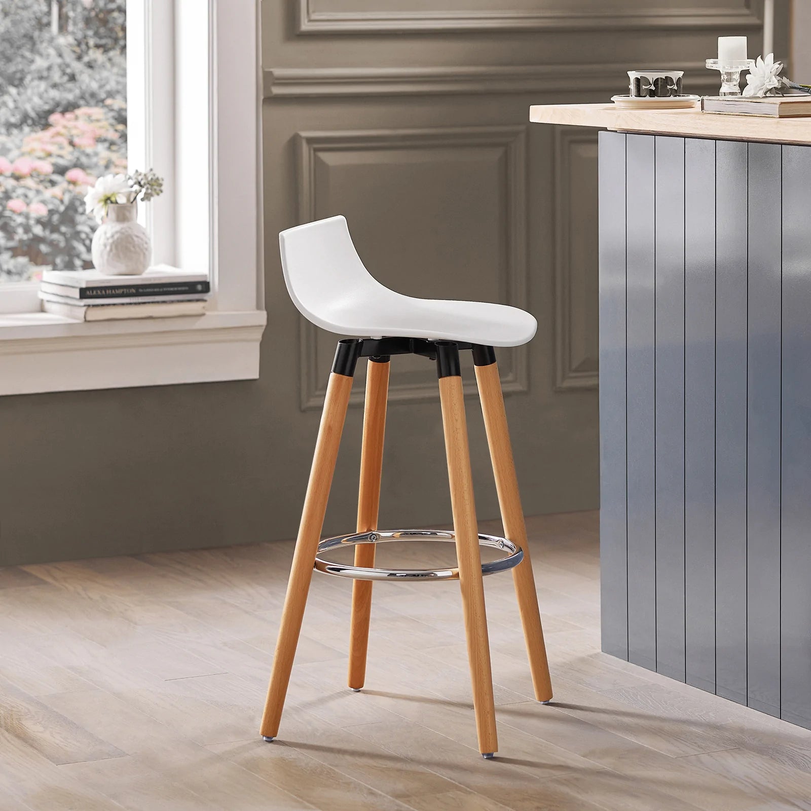 Barstol   Skandinavisk Stil  41   41   84 Cm  Hvid Og Naturfarvet