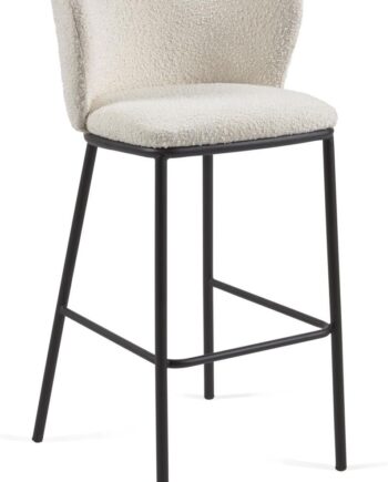 Barstol Kave Home Ciselia Hvid Polstret Stof Med Fleeceeffekt Nordisk Design Mat Sort Stålramme Miljøvenlig E0 Krydsfiner H102 Cm