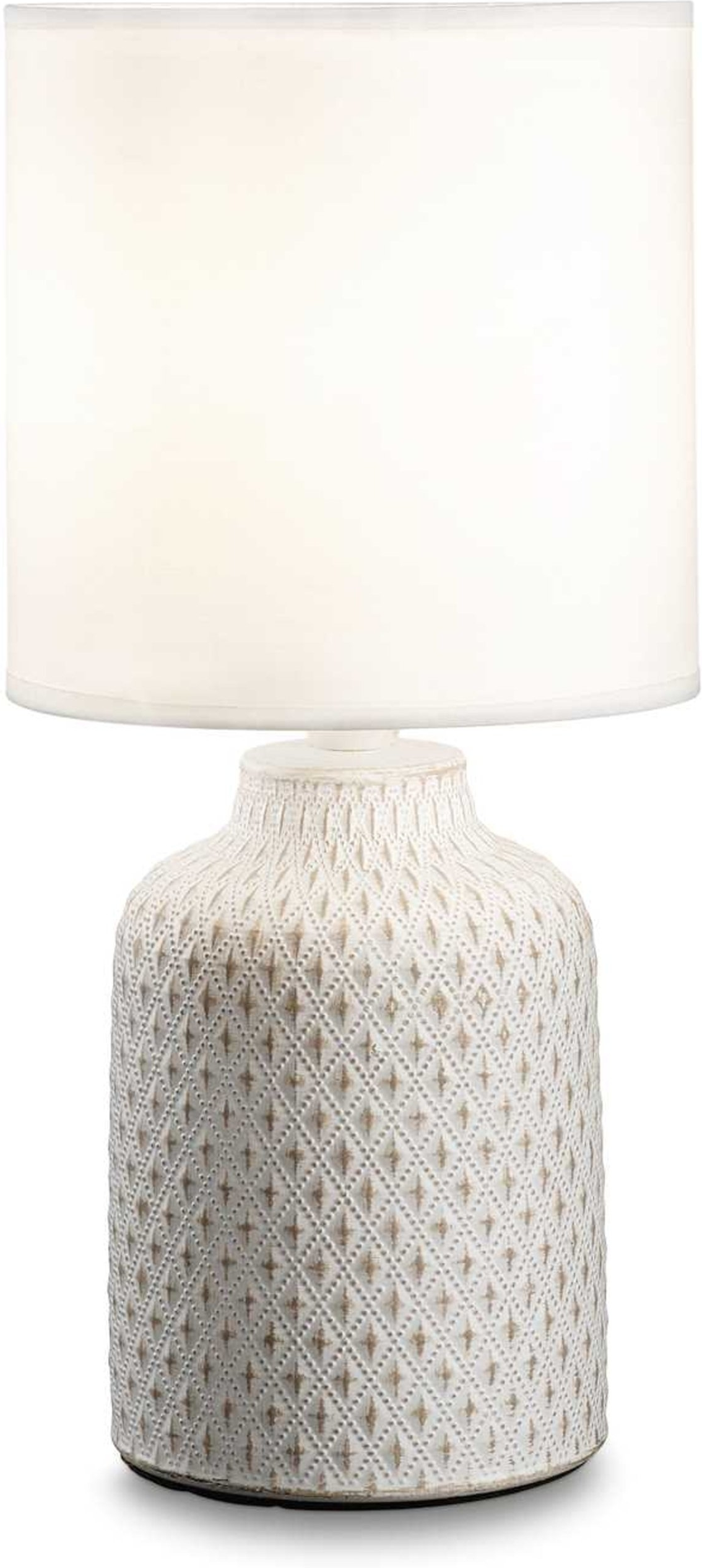 Bordlampe Ideal Lux Kali Hvid ø15ã H32 Cm Keramikkrop Med Stofskærm Dekorativ Relief
