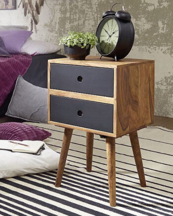 Designer Retro Natbord   Massivt Træ Natbord Med   Skuffer  Mørkebrun   Sort