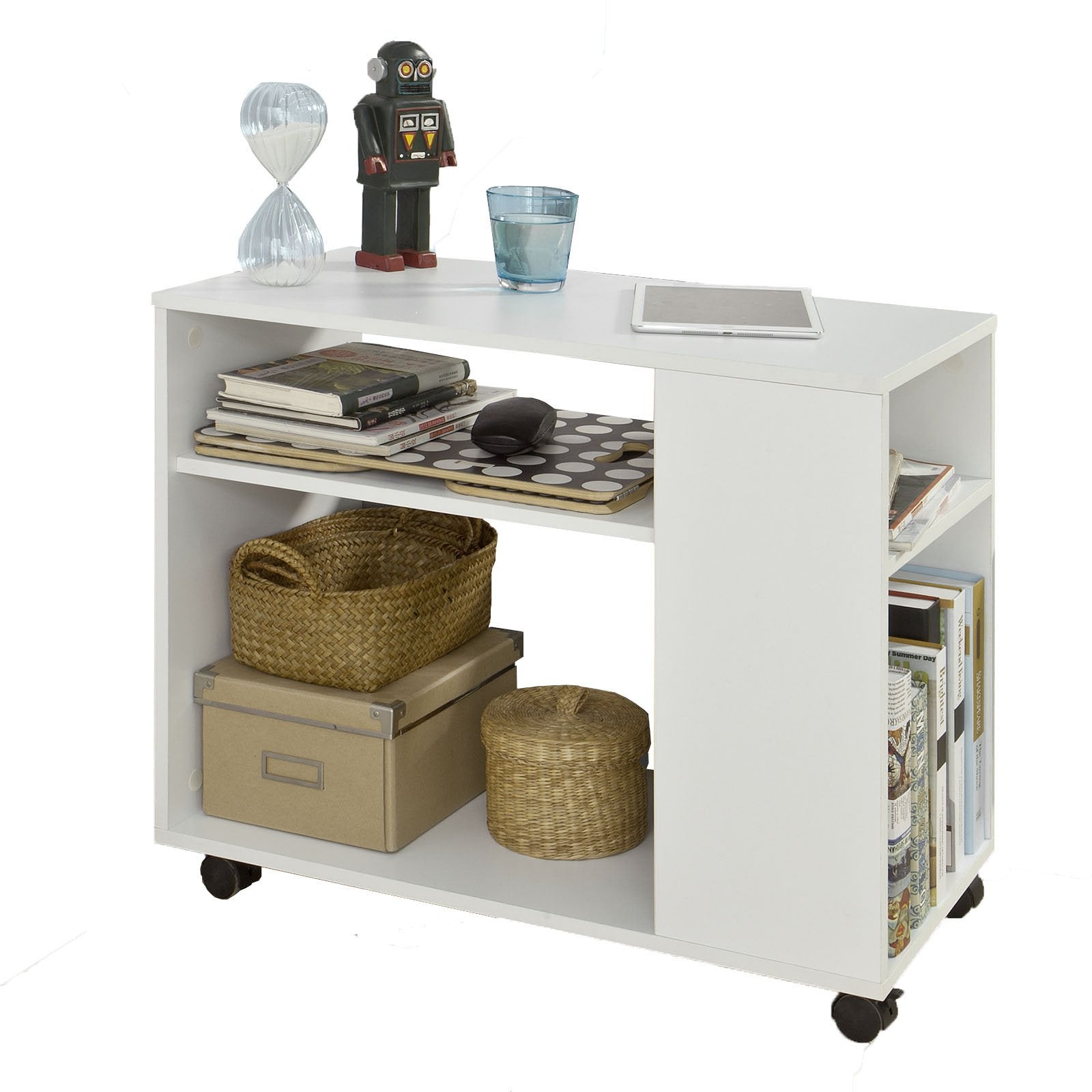 Enkelt Sidebord Med Hjul  Hvid  70   35   61 Cm