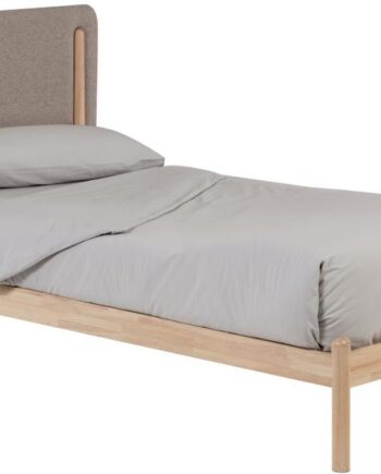 Enkeltseng Kave Home Shayndel Med Polstret Pletresistent Hovedgærde Grå Natur Robust Gummitræramme Til 90x190 Cm