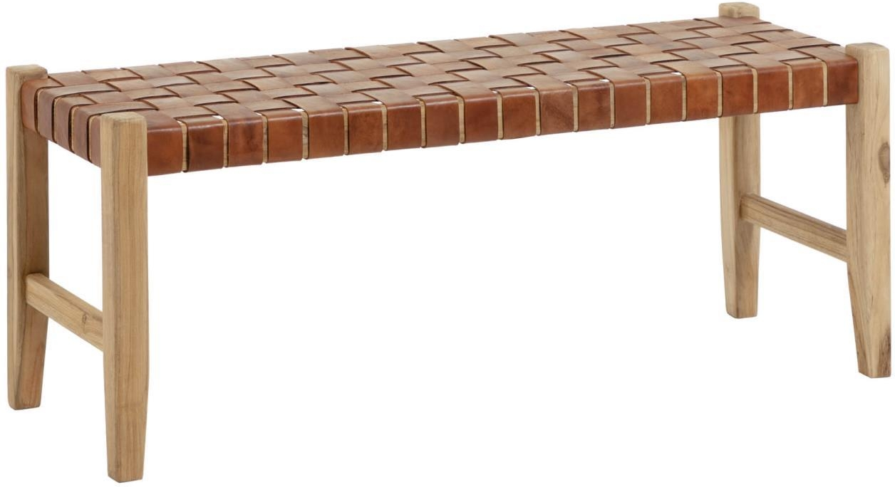 Entrébænk Uden Ryglæn Kave Home Calixta   Teaktræ Og Håndflettet Læder Natur 120x40x47 Cm