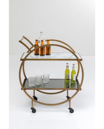 Kare Design Loft Rullebord Messing Stål Lysegrå Laminat Farvet Glas  Håndlavet     Hjul Og Hylde
