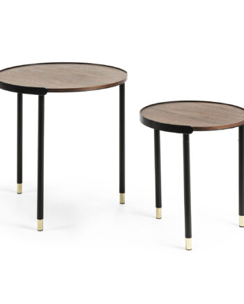 Kave Home Aliner Sidebord Brun Sort Valnøddefinér Metal  Rund  Sæt