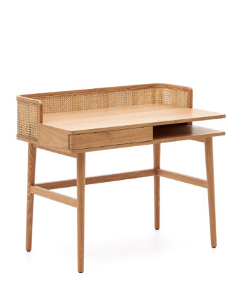 Kave Home Araxi Skrivebord       Rum Og   Skuffe Brun Asketræfinér Og Rattan  105x62