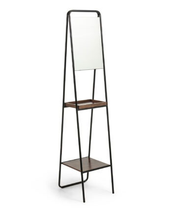Kave Home Benji Gulvspejl Sort Brun Glas Metal Valnøddefinér Spejlglas       Hylder