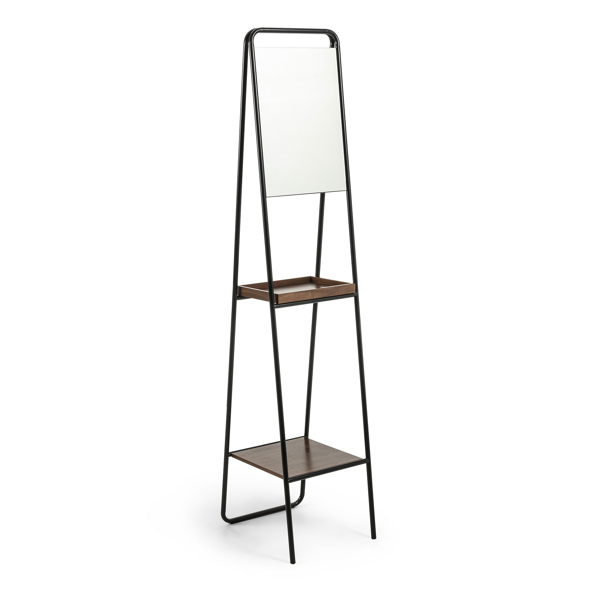 Kave Home Benji Gulvspejl Sort Brun Glas Metal Valnøddefinér Spejlglas Hylder