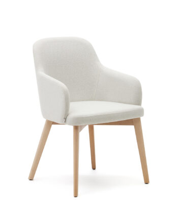 Kave Home Nelida Spisebordsstol     Armlæn Beige Chenille Og Natur Bøgetræ