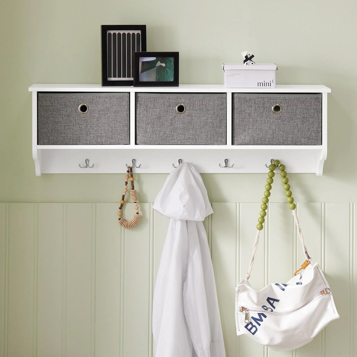 Knagerække Med Opbevaringskasser  100x30x20 Cm  Hvid Og Grå