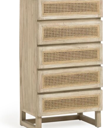 Kommode Kave Home Rexit H113xb38xl60 Cm Massivt Mindi-træ Natur Med Håndflettet Rattan   Skuffer Rustik Kolonial