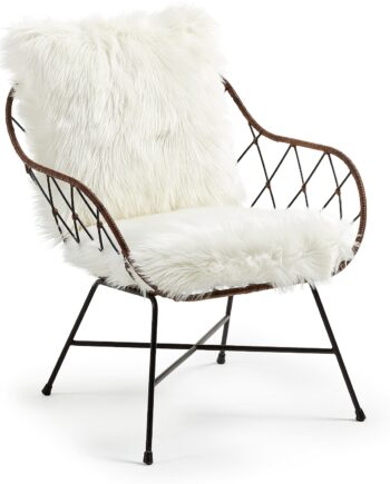 Lænestol Kave Home Claren Hvid Natur Metal Med Rattan Og Aftageligt Hvidt Betræk Vintage Kolonial Stil