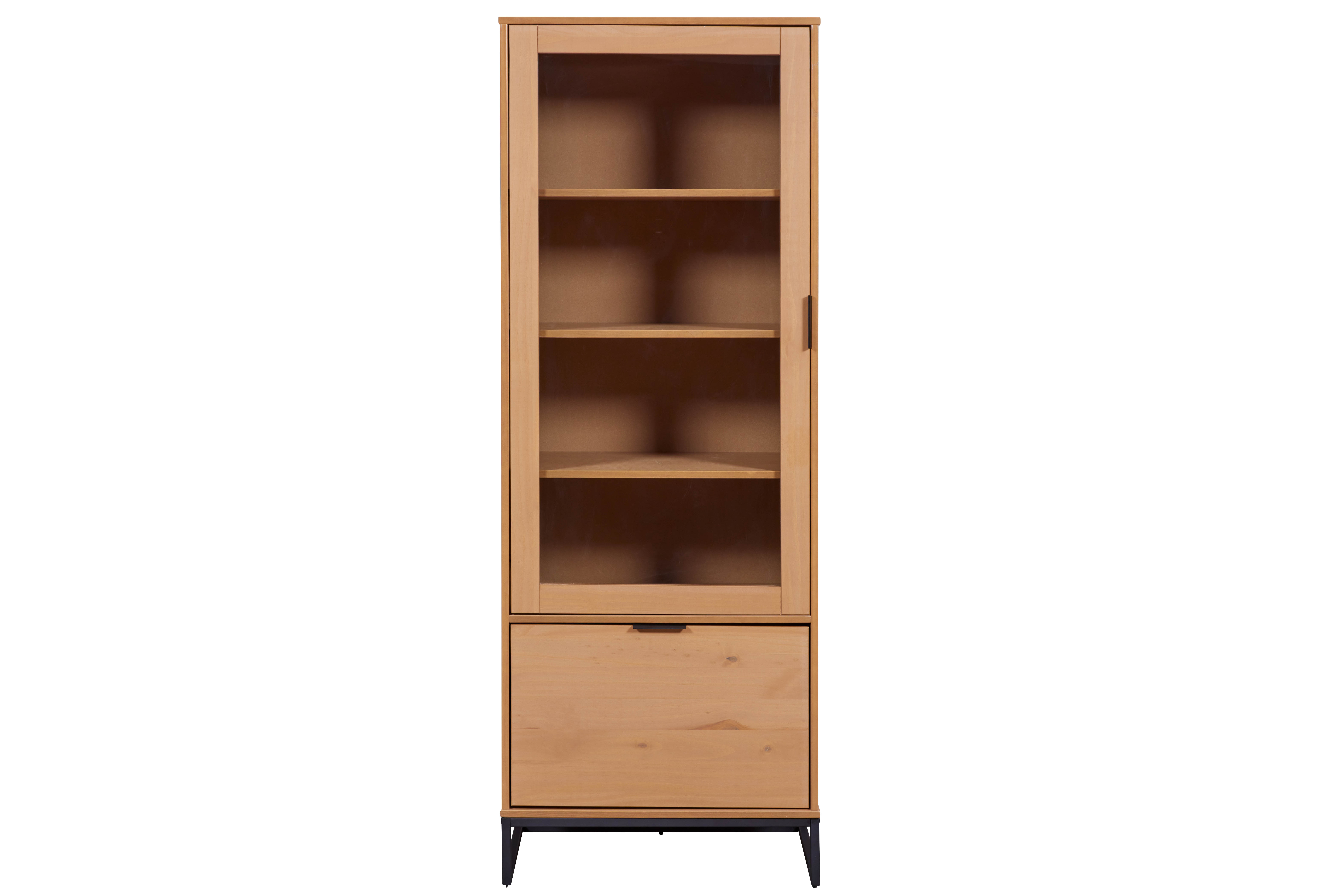 Nordic Living Collection Vivo Vitrineskab       Glaslåge    Skuffe    Hylder Natur Fyrretræ Lakeret   Oak Colori Og Sort Metal