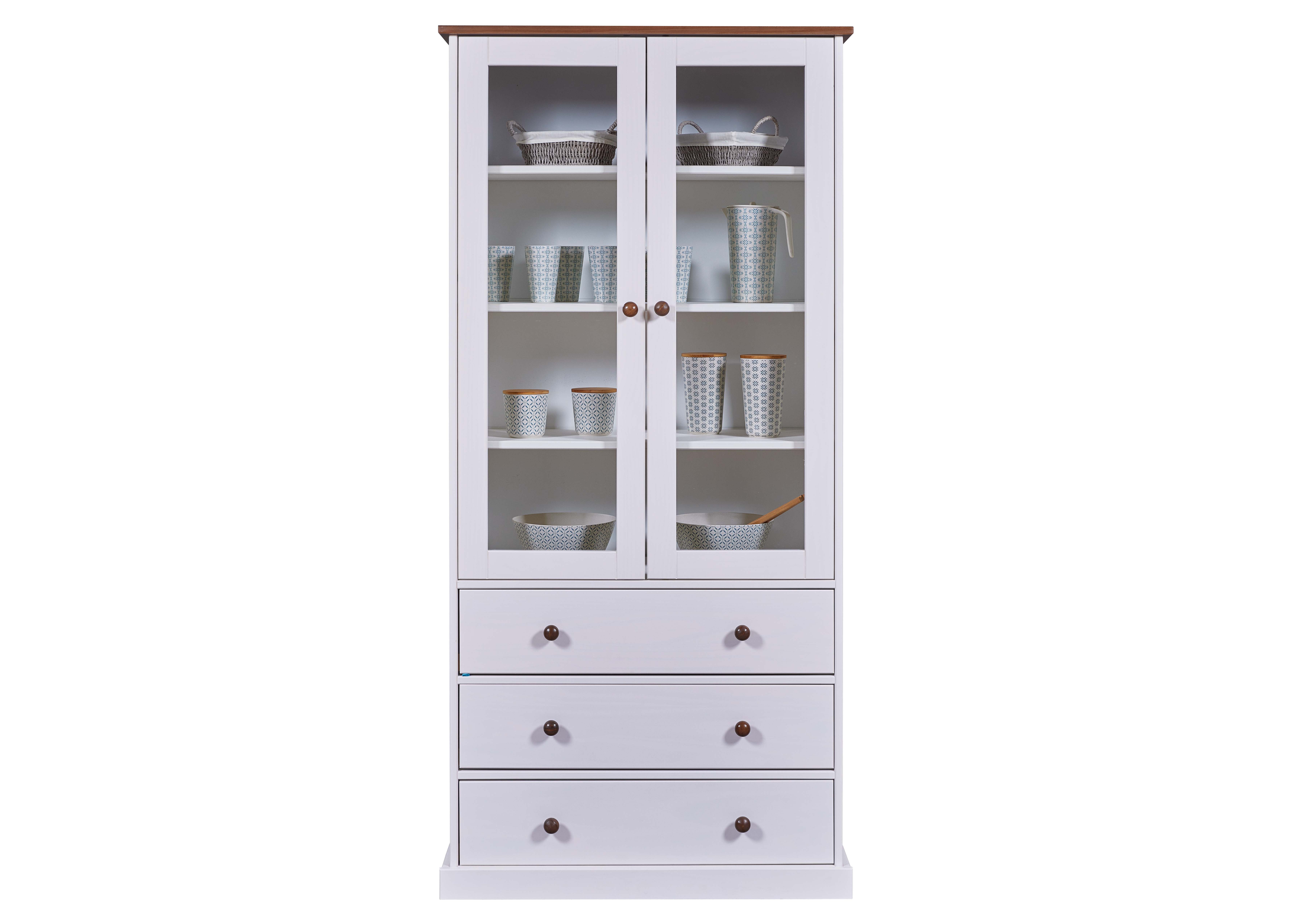 Nordic Living Collection Westerland Vitrineskab       Glaslåger    Skuffer    Hylder Hvid Og Sepiabrun Træ