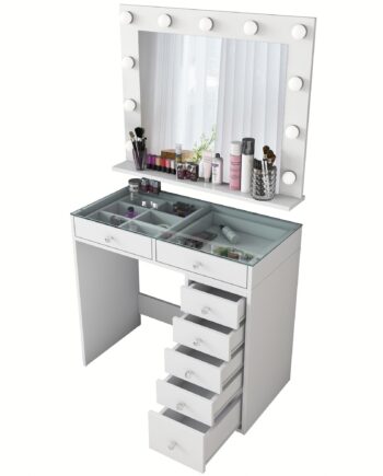 Nordvärk Bj117 Makeup Bord     Spejl  Lys    Skuffer Hvid Melamin  90x44