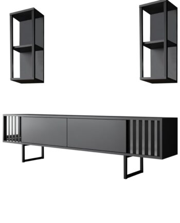 Nordvärk Chrome Line Tv-bord Og   Væghylder Antracitgrå Melamin Og Sort Metal  Sæt Med