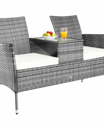 Polyrattan Havebænk Med Bord  Grå Beige  143x64x87 Cm