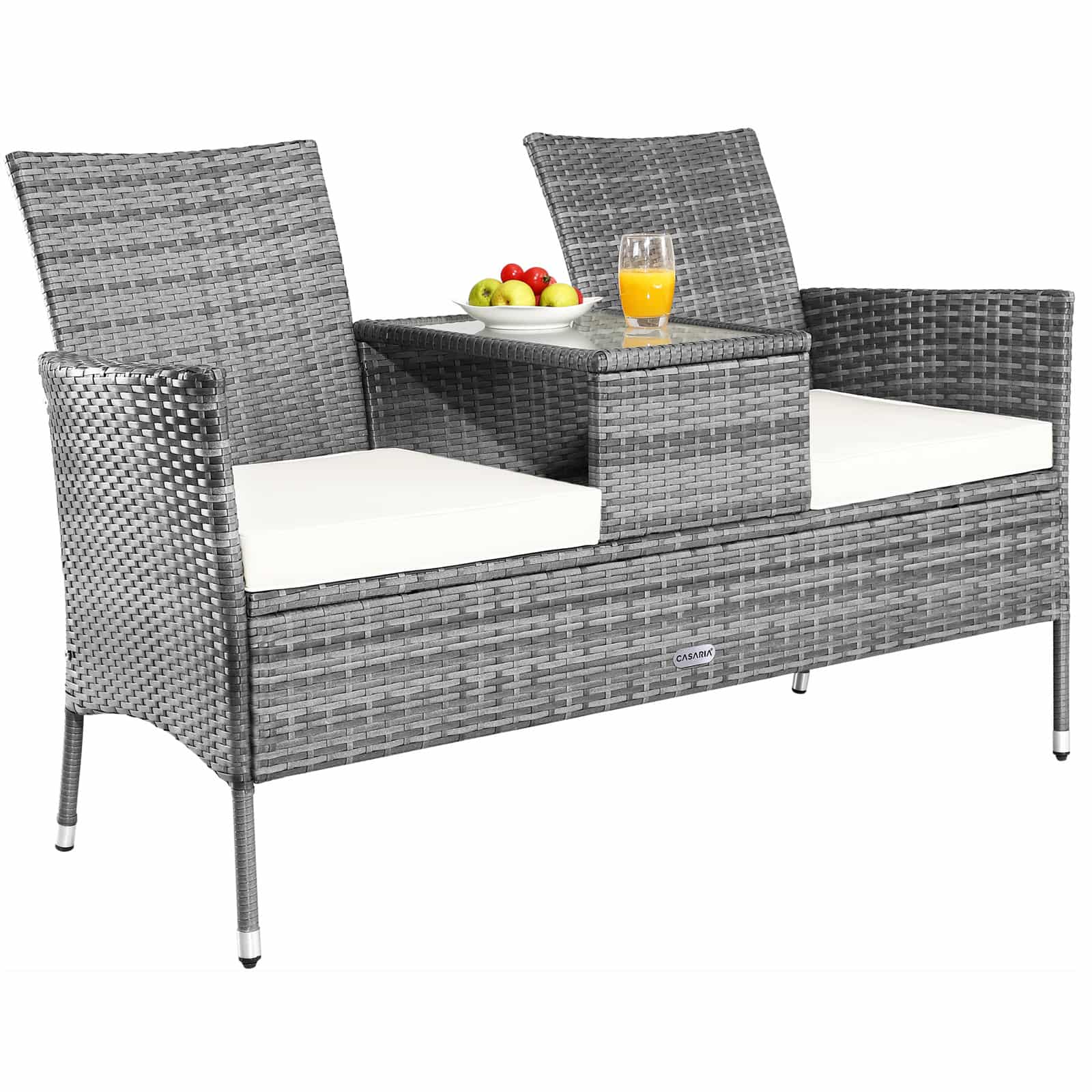 Polyrattan Havebænk Med Bord  Grå Beige  143x64x87 Cm