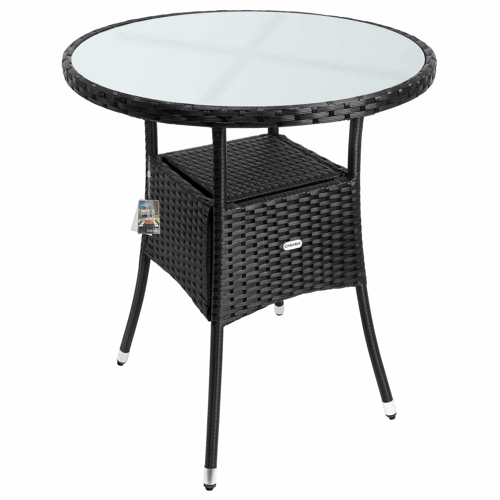Polyrattan Havebord Rundt ø60cm   Sort Bistrobord Med Glasplade