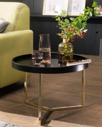 Rundt Bakkebord   Sofabord  Guldfarvede Ben  Sort Bordplade  Glamour-stil