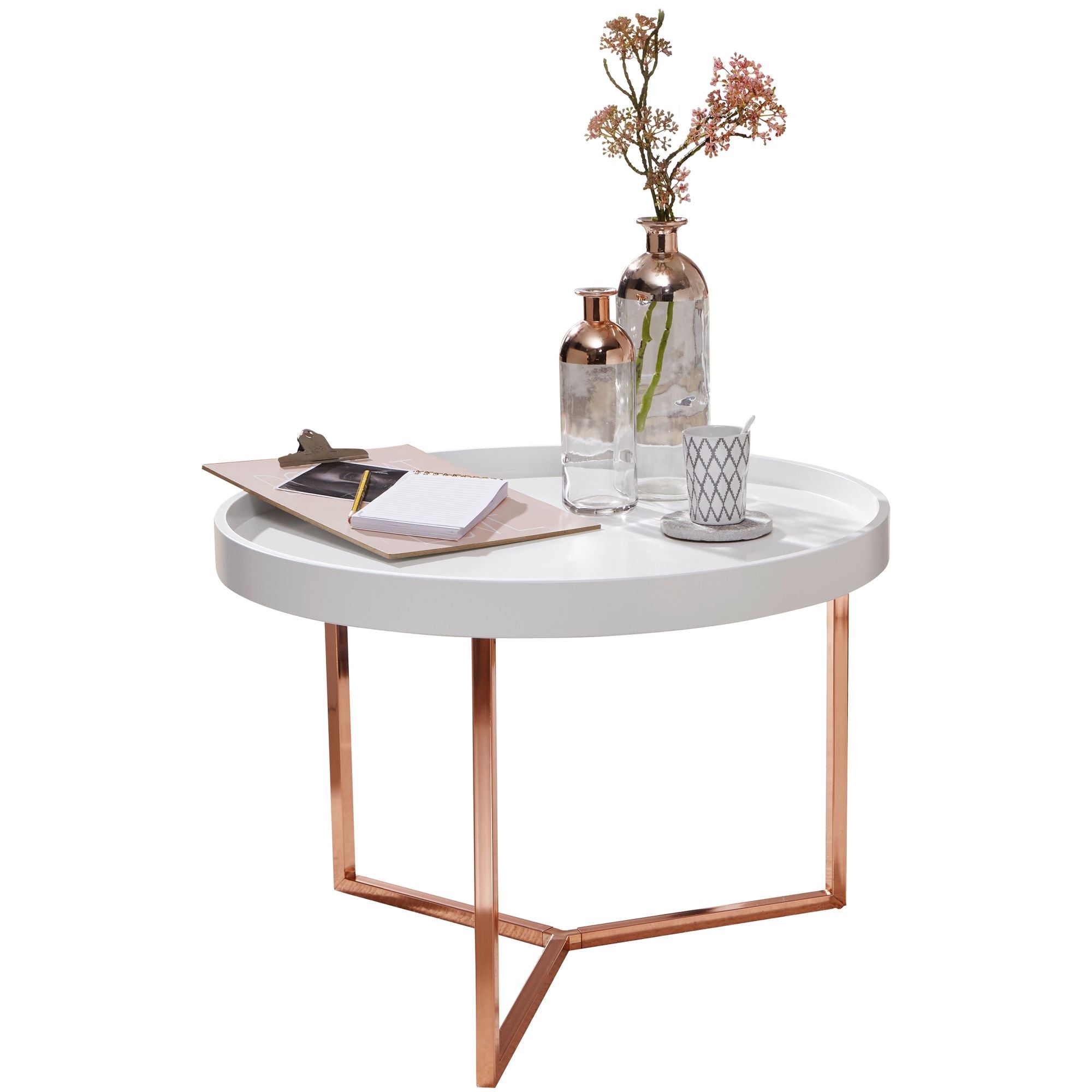 Rundt Bakkebord Sofabord Kobberfarvede Ben Hvid Bordplade Glamour-stil