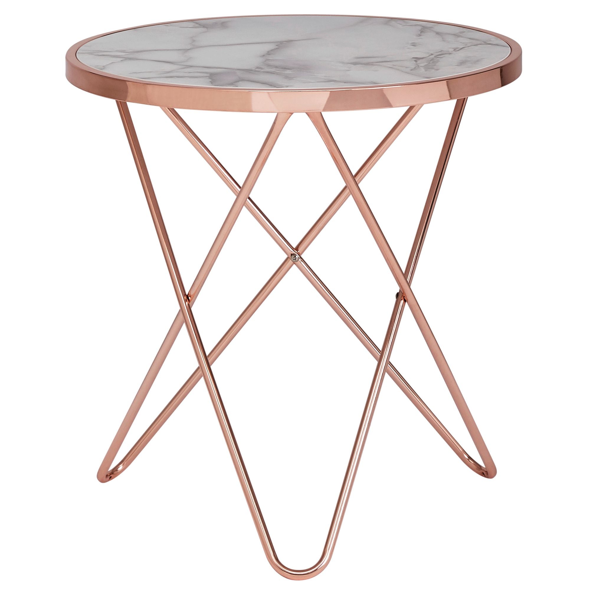 Rundt Sofabord   Hvidt Marmorlook Med Kobber 55 Cm