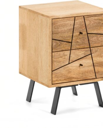 Sengebord Kave Home Balia Massivt Mangotræ Og Metal Natbord Rustik Moderne   Skuffer Med Soft-close 40x40x56 Cm