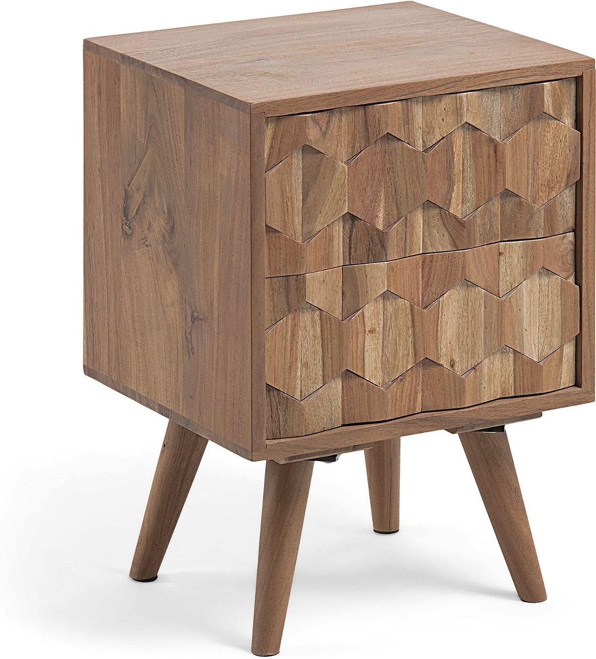 Sengebord Kave Home Khaleesi   Massivt Akacietræ Med Udskæringer Rustik Moderne Natbord H55xb35xl40 Cm
