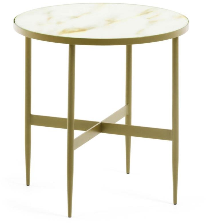 Sidebord Kave Home Elisenda   Hærdet Glas Småbord Med Marmorfinish Og Guldstel ø50 Cm