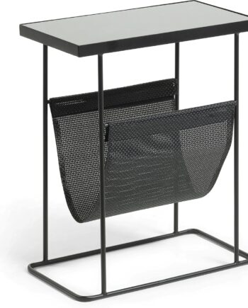Sidebord Kave Home Vivienne   Moderne Småbord   Sort Glas   Sortmalet Metal Med Magasinholder  55ã 25ã 45 Cm