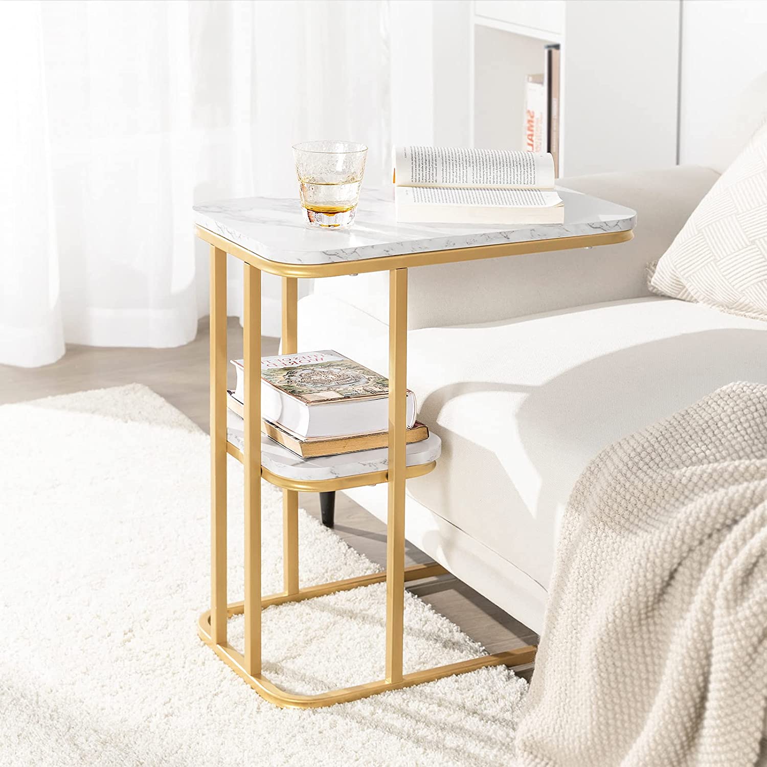 Sidebord Med Guldfarvet Stel Og Bordplade   Marmor-look