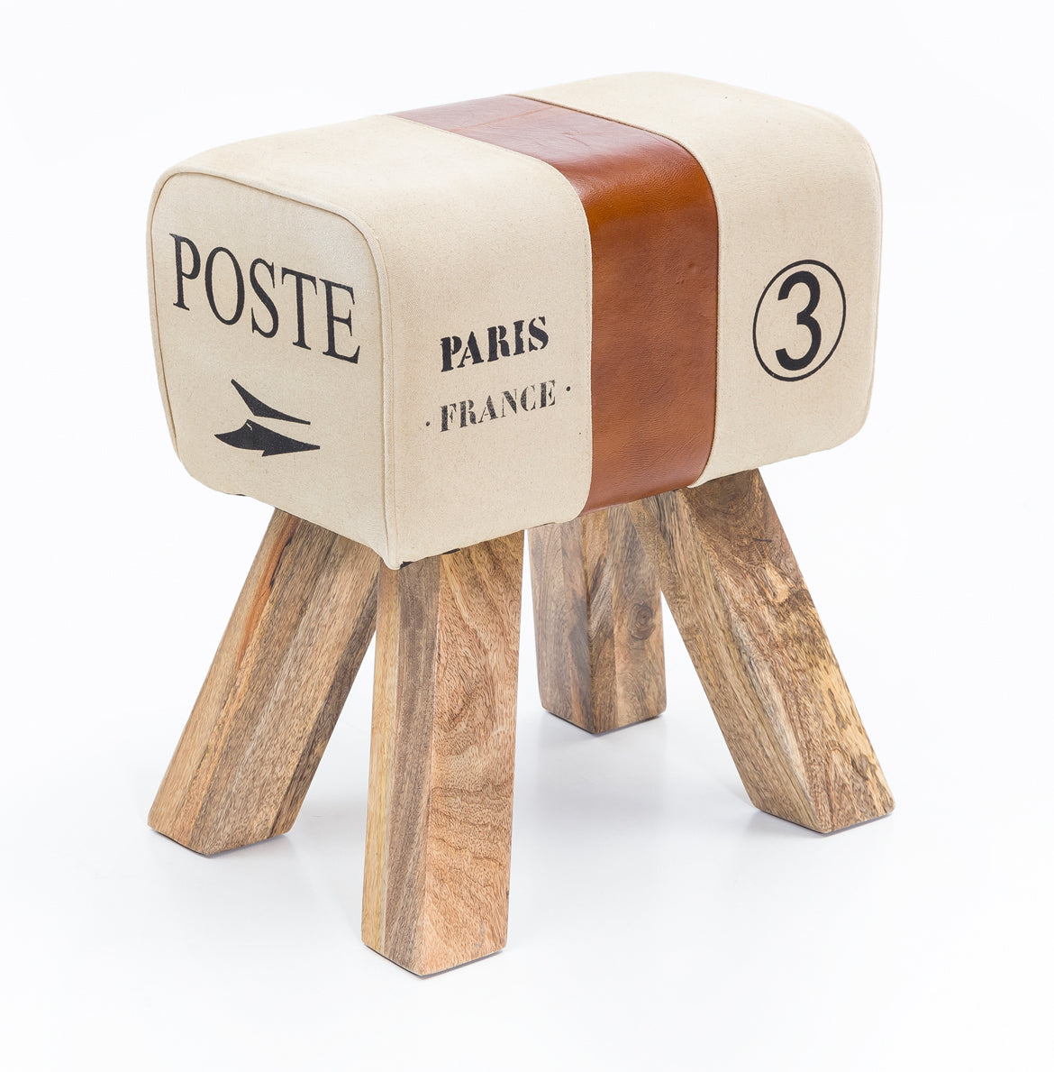Skammel   Læder Og Træ Med Poste Paris Grafik  Retro-look