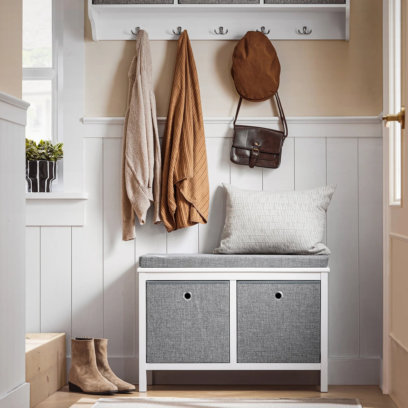 Skobænk Med   Opbevaringskurve  Hvid Og Grå