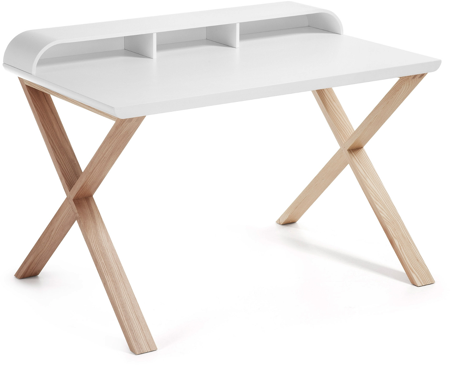 Skrivebord Working Fra Kave Home   Nordisk Moderne Design Med Hvid Bordplade  Asketræsben Og Integreret Hylde